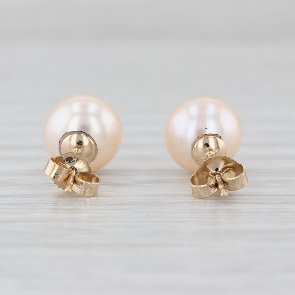 Pink Cultured Pearl Solitaire Stud Earrings 14k Yellow Gold Round Studs