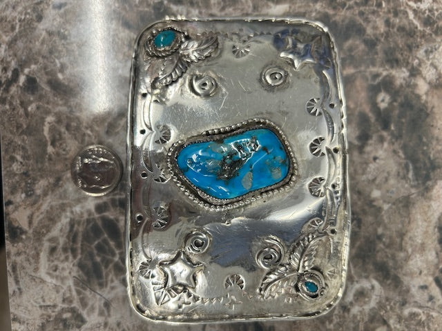 Dim Gray Vintage Large Turquoise Belt Buckle Southwestern Handmade Sterling Silver