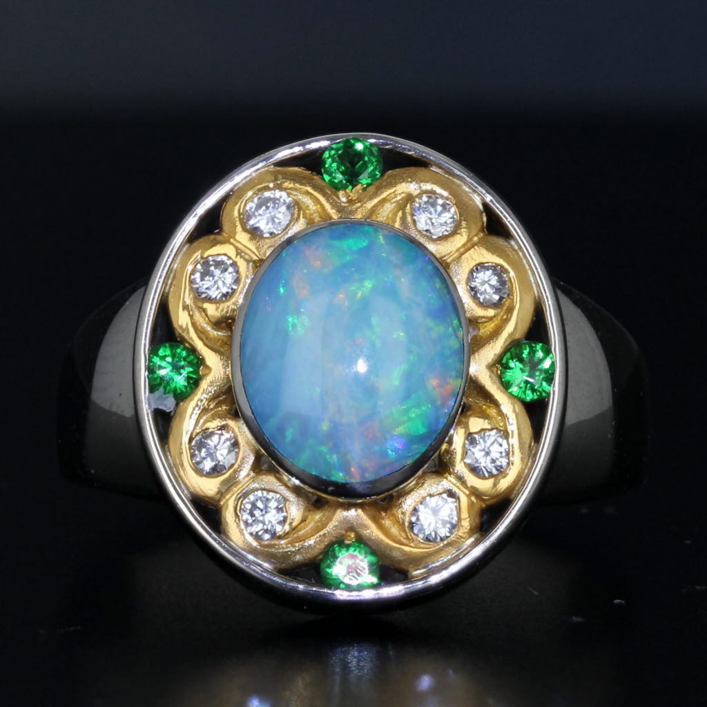 Dark Gray Opal Diamond Tsavorite Garnet Ring 18k 999 Gold Size 6.25-6.5 Custom Made