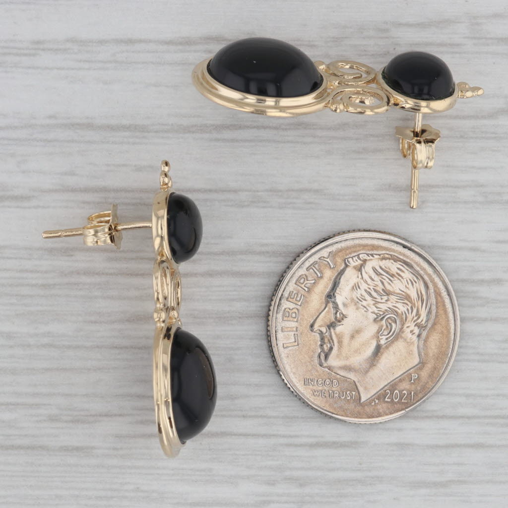 Gray Black Onyx Drop Earrings 14k Yellow Gold Vintage