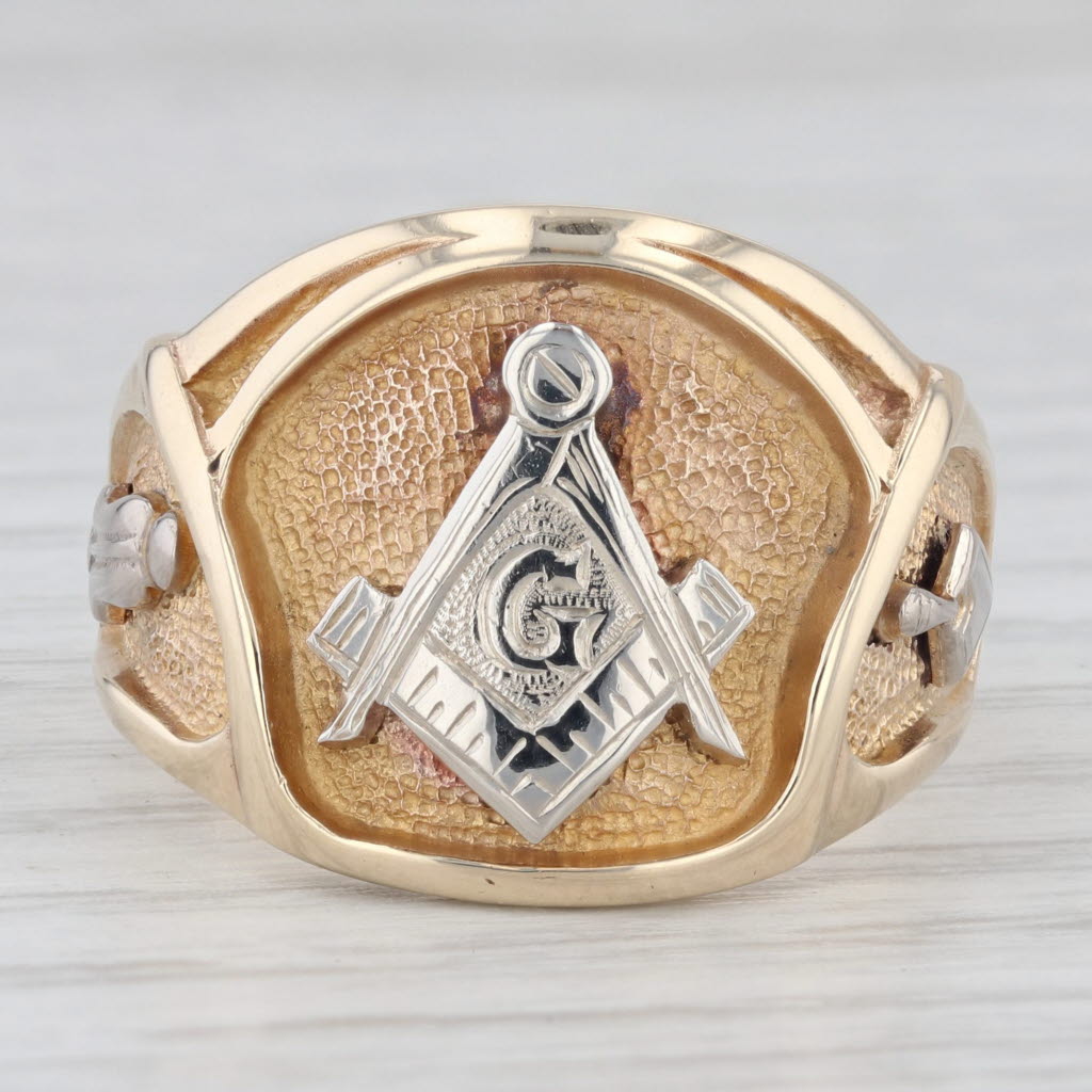 Light Gray Vintage Masonic Signet Ring 10k Gold Blue Lodge Square Compass Tools Size 10