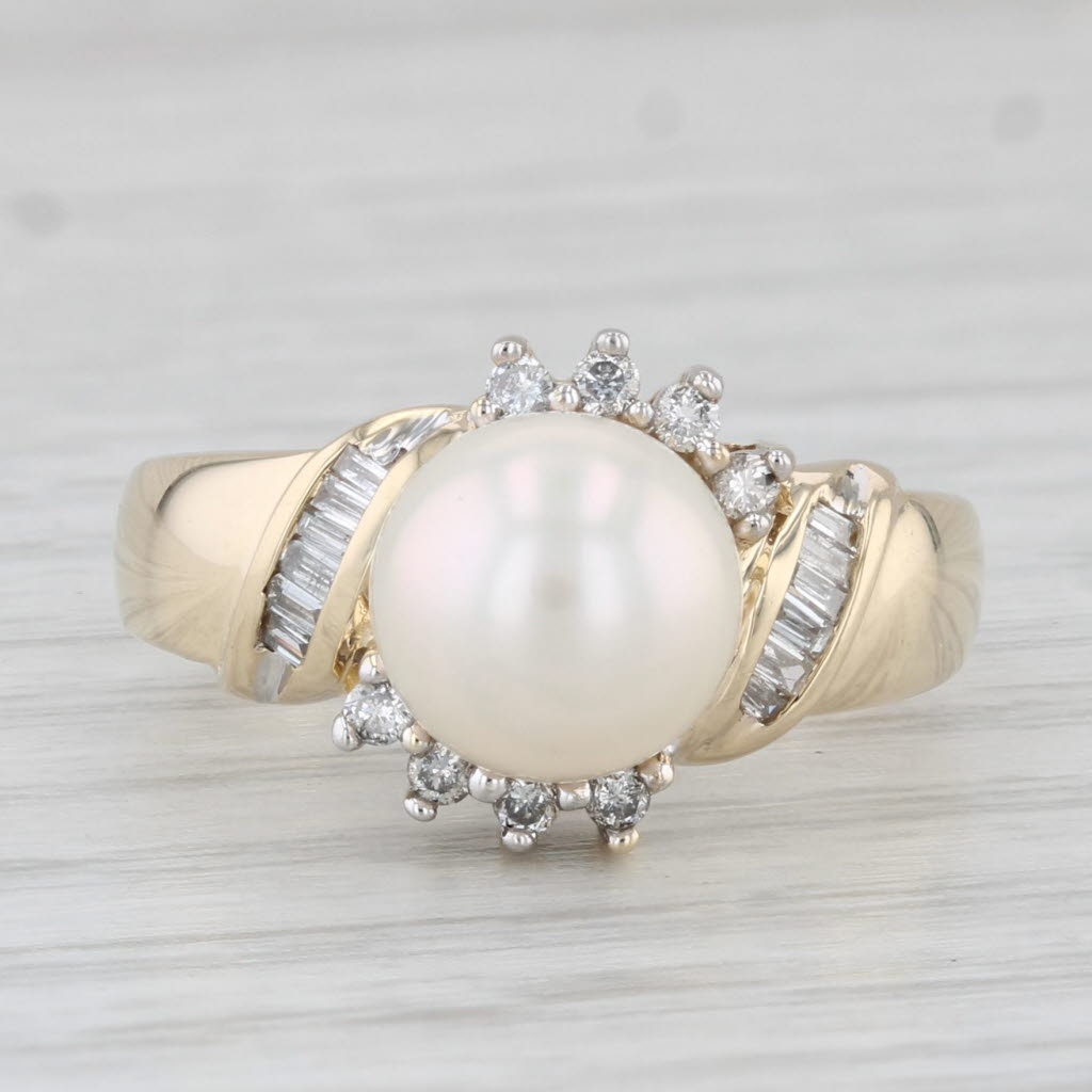 Light Gray Cultured Pearl Diamond Ring 14k Yellow Gold Size 7