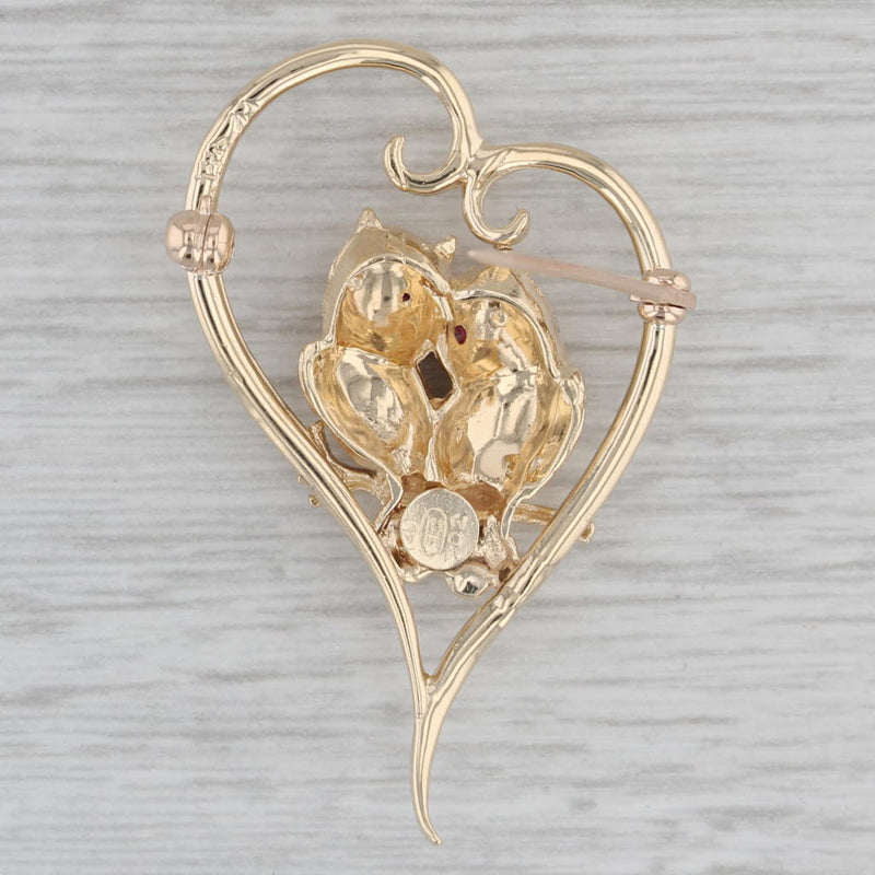 Vintage Love Birds Heart Brooch 14k Yellow Gold Pin Lab Created Rubies