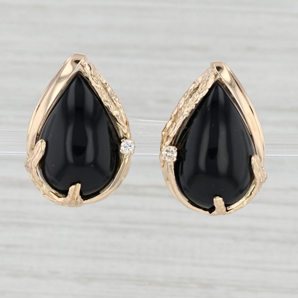 Light Gray Black Glass Teardrop Earrings 14k Yellow Gold Pierced Omega Backs