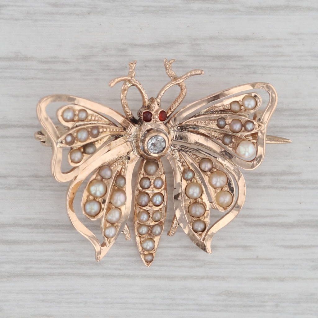 Gray Vintage Pearl Diamond Butterfly Brooch 14k Yellow Gold Pin Insect Jewelry