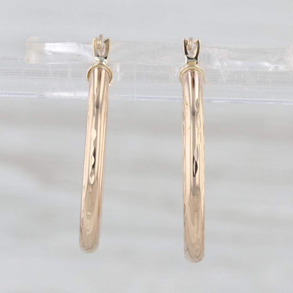 Small Etched Hoop Earrings 10k Yellow Gold Snap Top Round Hoops 20.4 x 2 mm