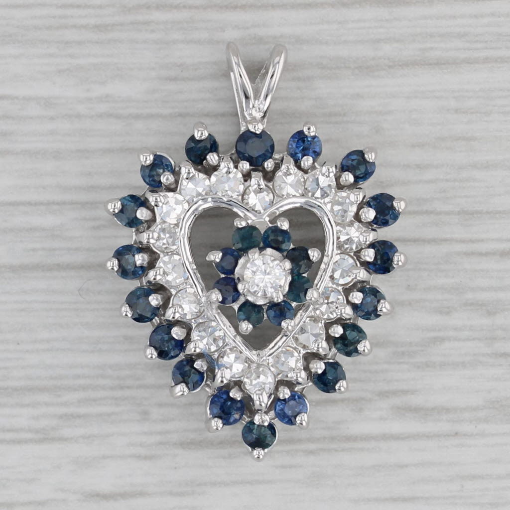 Gray 1.50ctw Blue Sapphire White Diamond Heart Pendant 14k White Gold