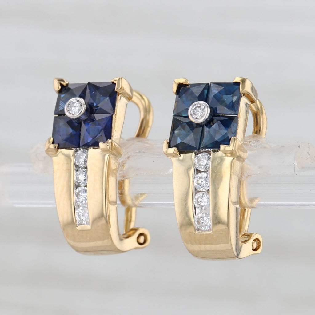 1.78ctw Blue Sapphire Diamond Drop Earrings 18k Yellow Gold Omega Backs