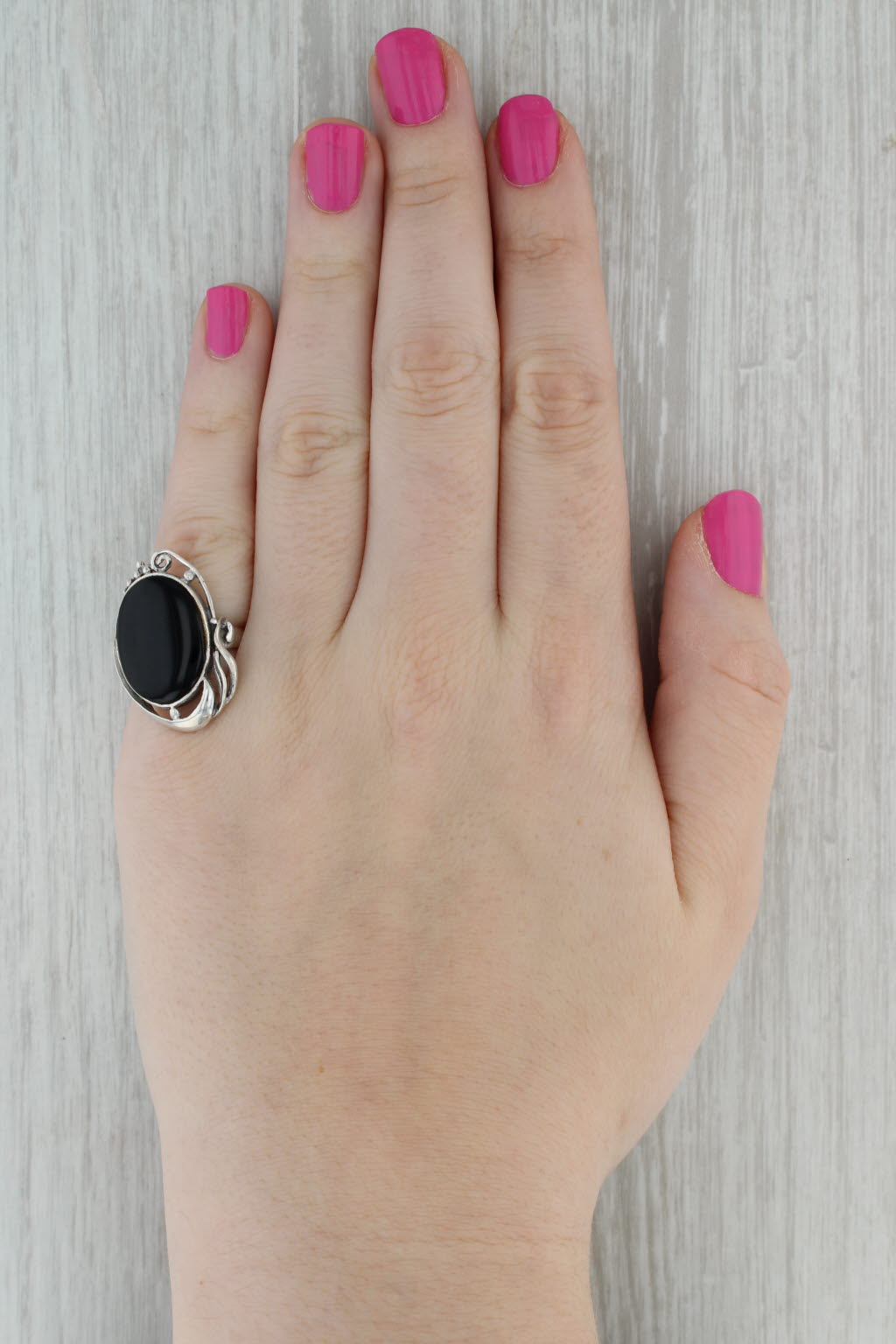 Dark Gray Onyx Statement Ring Sterling Silver Size 6.75 Oval Cabochon Solitaire