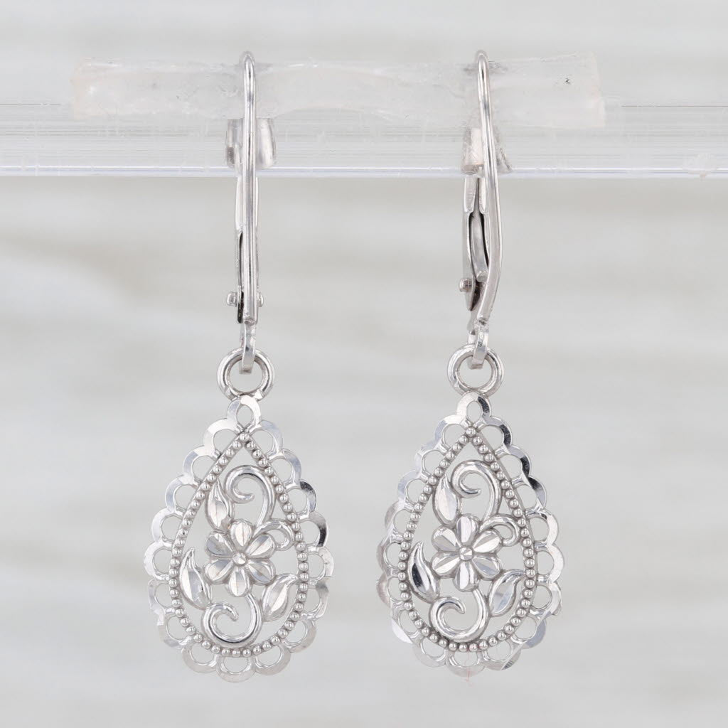 Ornate Floral Openwork Teardrop Dangle Earrings 10k White Gold Lever Backs