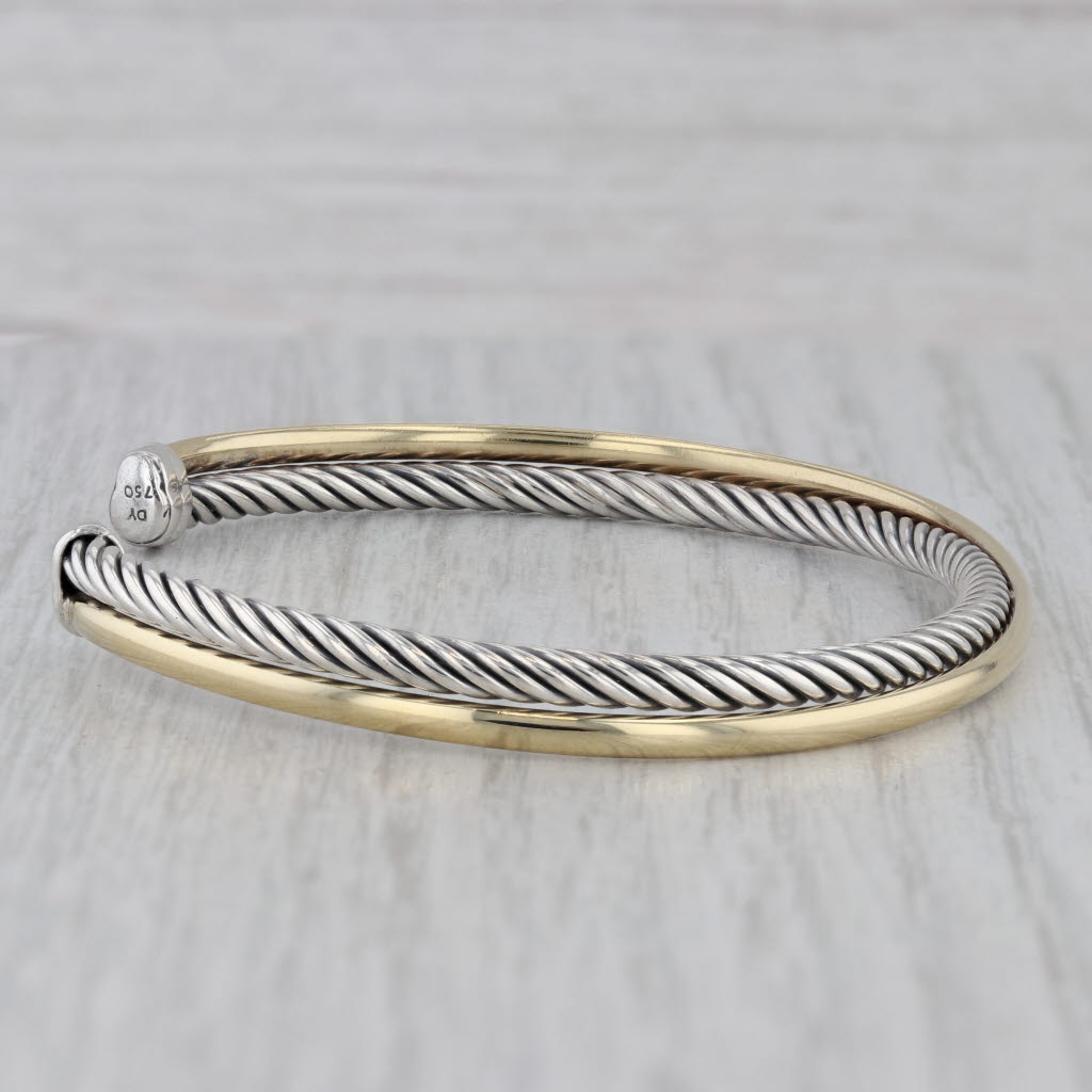 Gray David Yurman Cable Crossover Cuff Bracelet Sterling Silver 18k Yellow Gold 6.75"