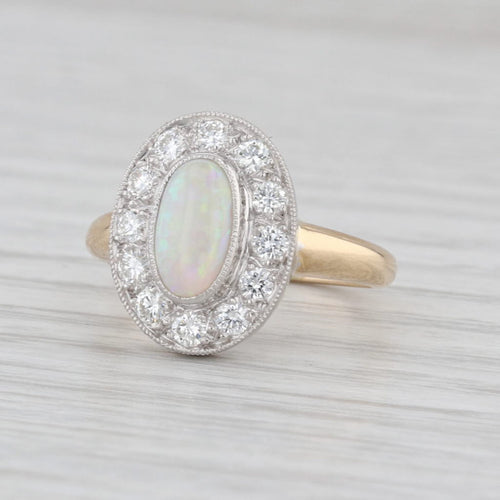 Vintage Opal Diamond Halo Ring 14k Yellow Gold Platinum Size 4