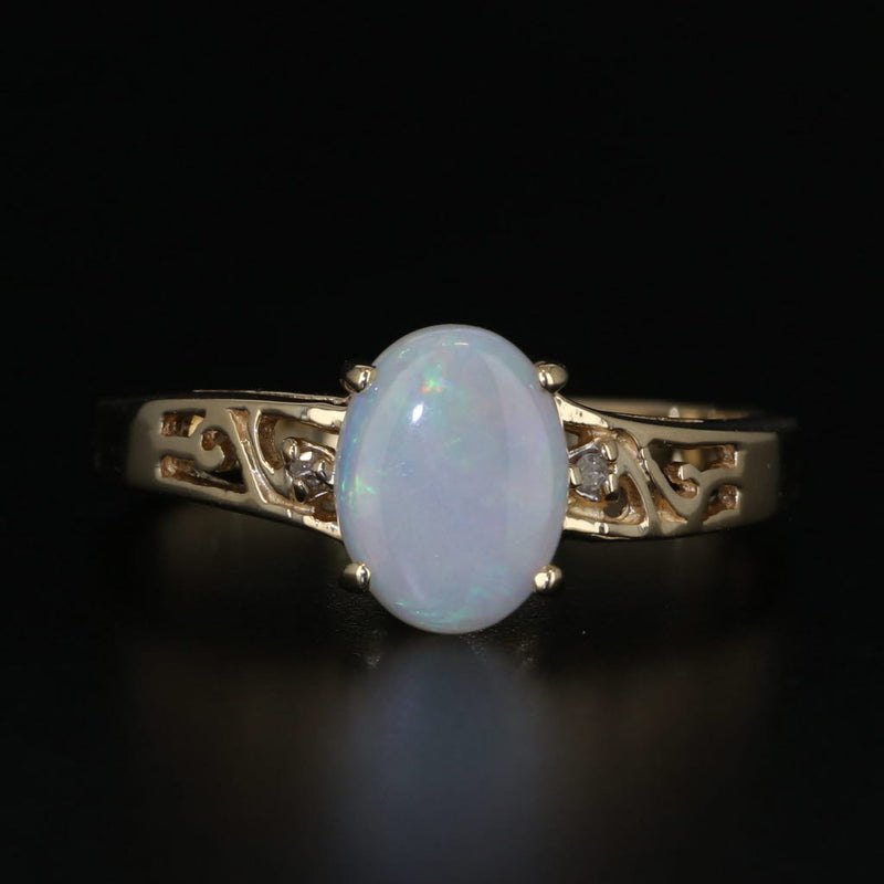 Opal Oval Cabochon Solitaire Ring 10k Yellow Gold Size 7.25 Diamond Accents