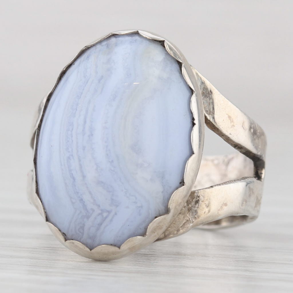 Light Gray Blue Lace Agate Oval Cabochon Solitaire Ring Sterling Silver Size 6.25 Handmade