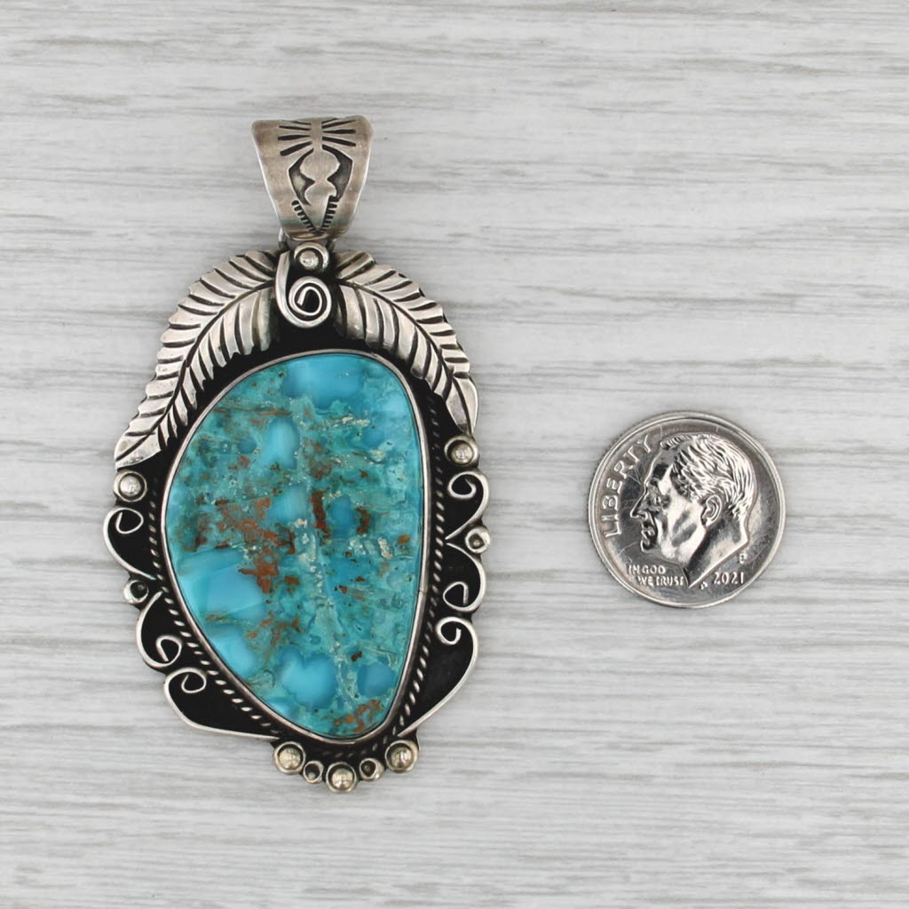 Turquoise Native American Feather Pendant Sterling Silver Signed Statement