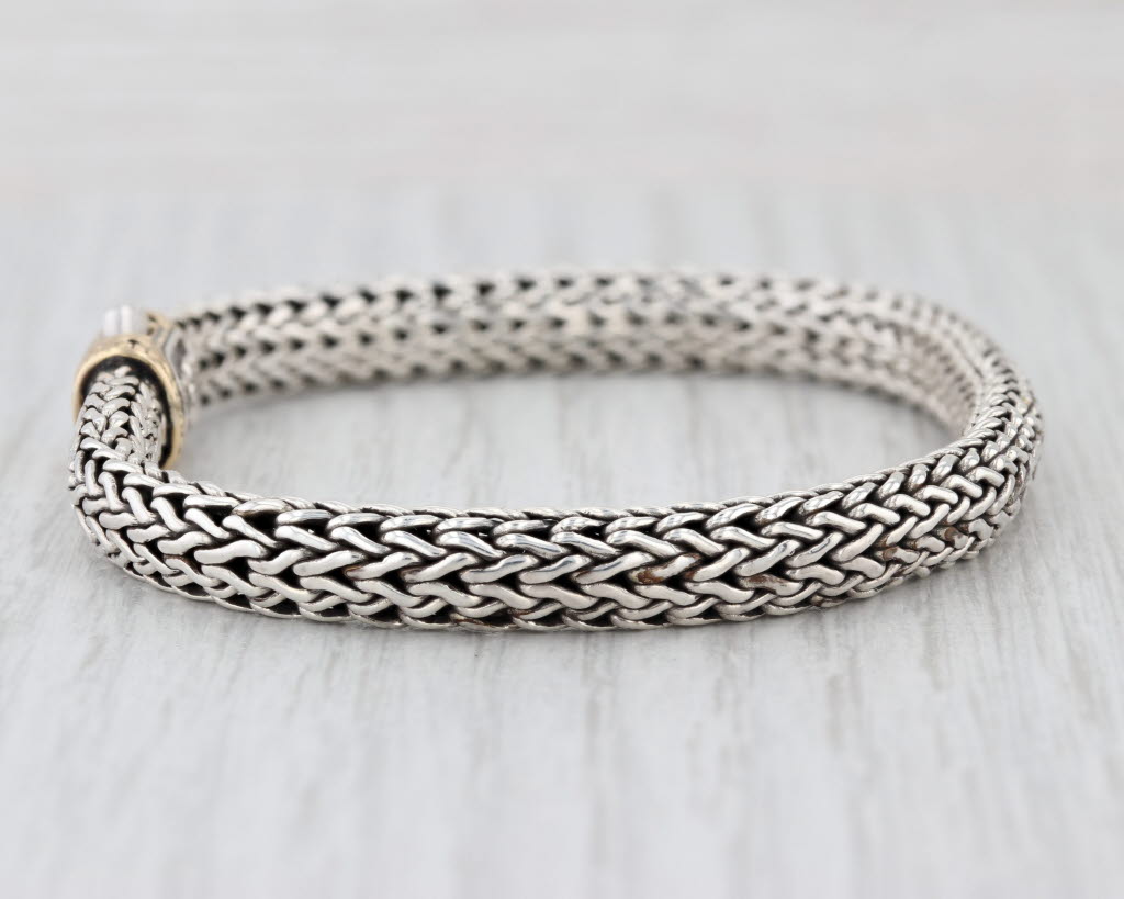 John Hardy Classic Wheat Chain Bracelet Sterling Silver 18k Gold 7" 6.4mm Lock