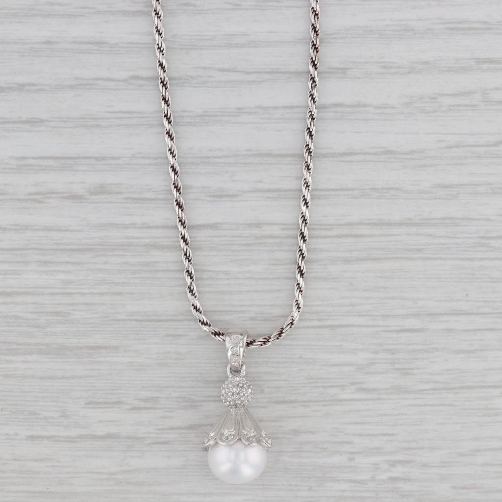 Gray Cultured Pearl Diamond Pendant Necklace Sterling Silver 18" Rope Chain