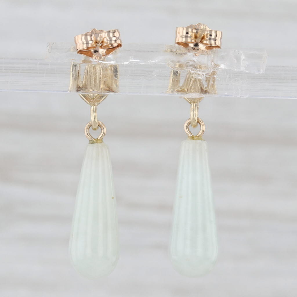 White Jadite Jade Teardrop Earrings 10k Yellow Gold Dangles Drops