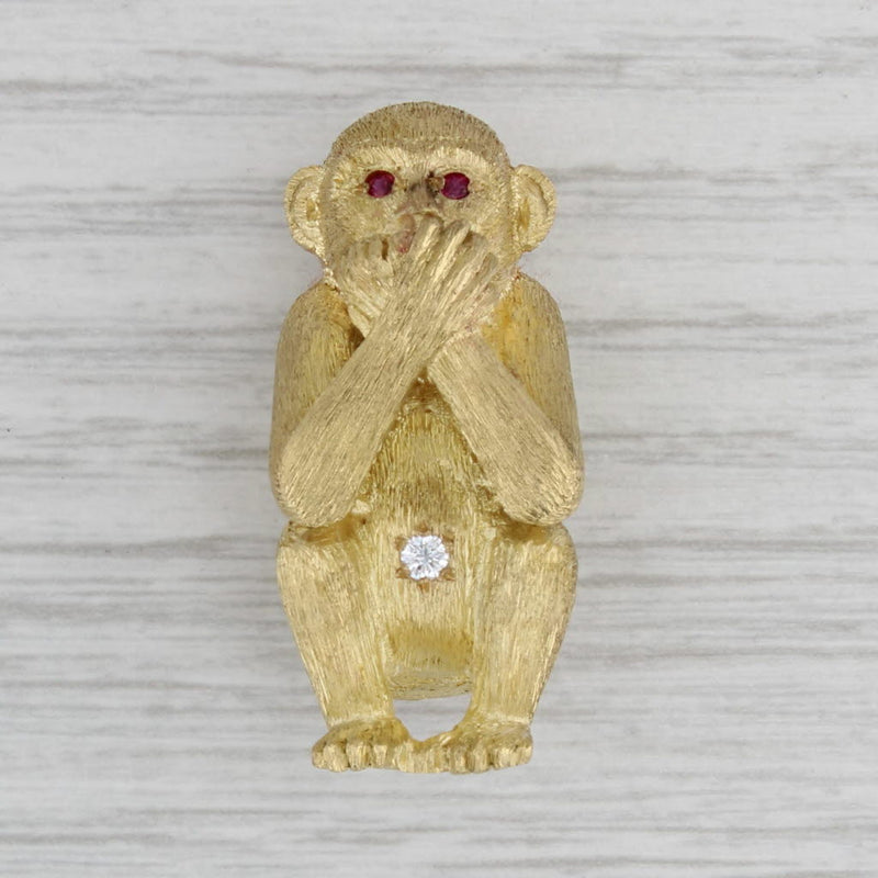 Gray Speak No Evil Monkey Brooch Diamond Ruby 18k Yellow Gold Pin Animal Jewelry