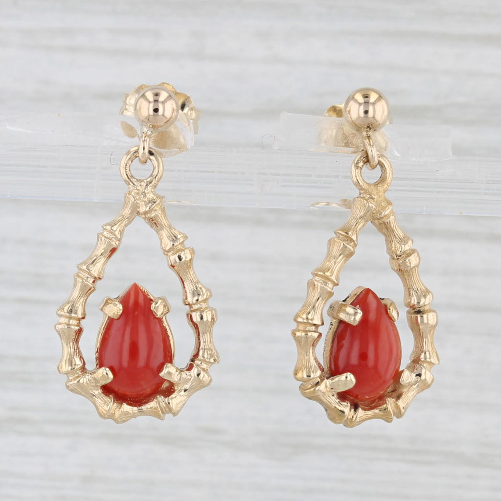 Light Gray Vintage Wells Coral Bamboo Teardrop Dangle Earrings 14k Gold Pierced Drops