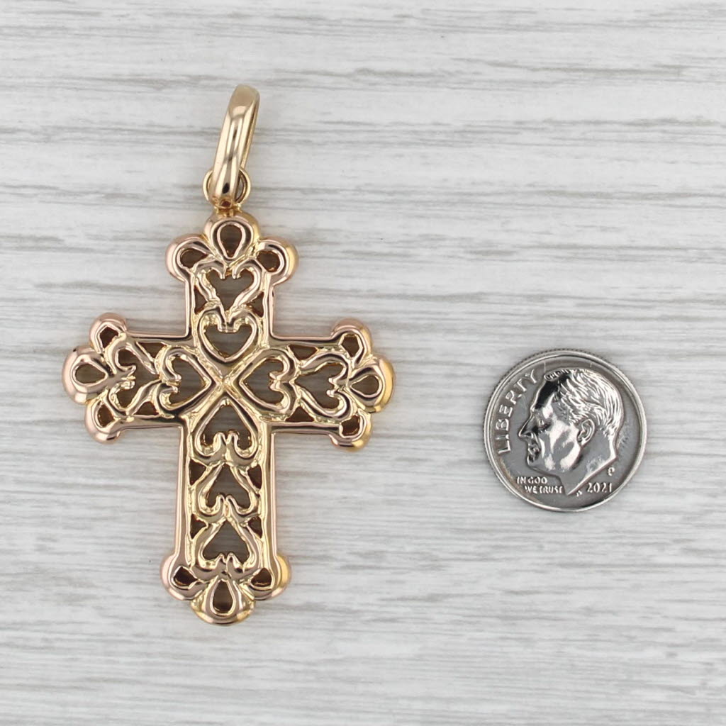 Ornate Open Work Cross Pendant 14k Yellow Gold Heart Accents