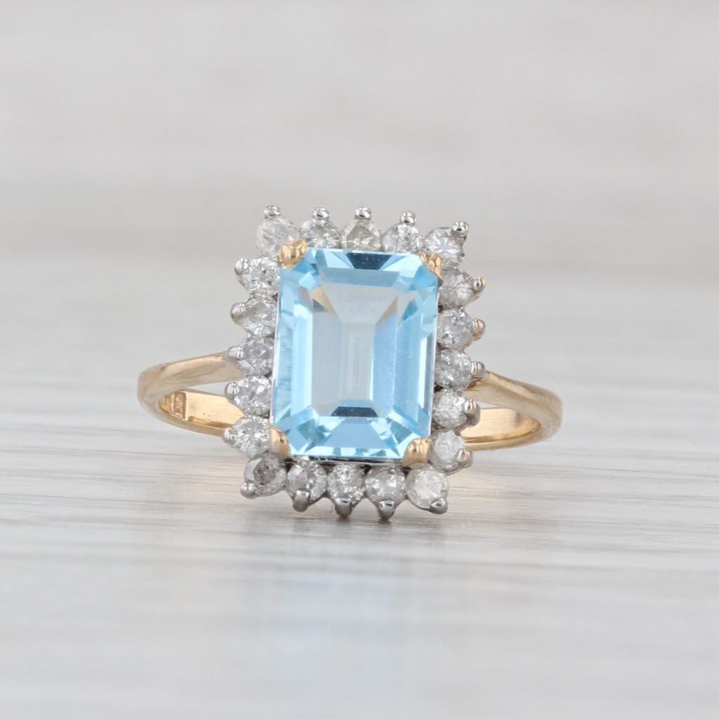 2.20ctw Blue Topaz Diamond Halo Ring 14k Yellow Gold Size 4.25 Emerald Cut