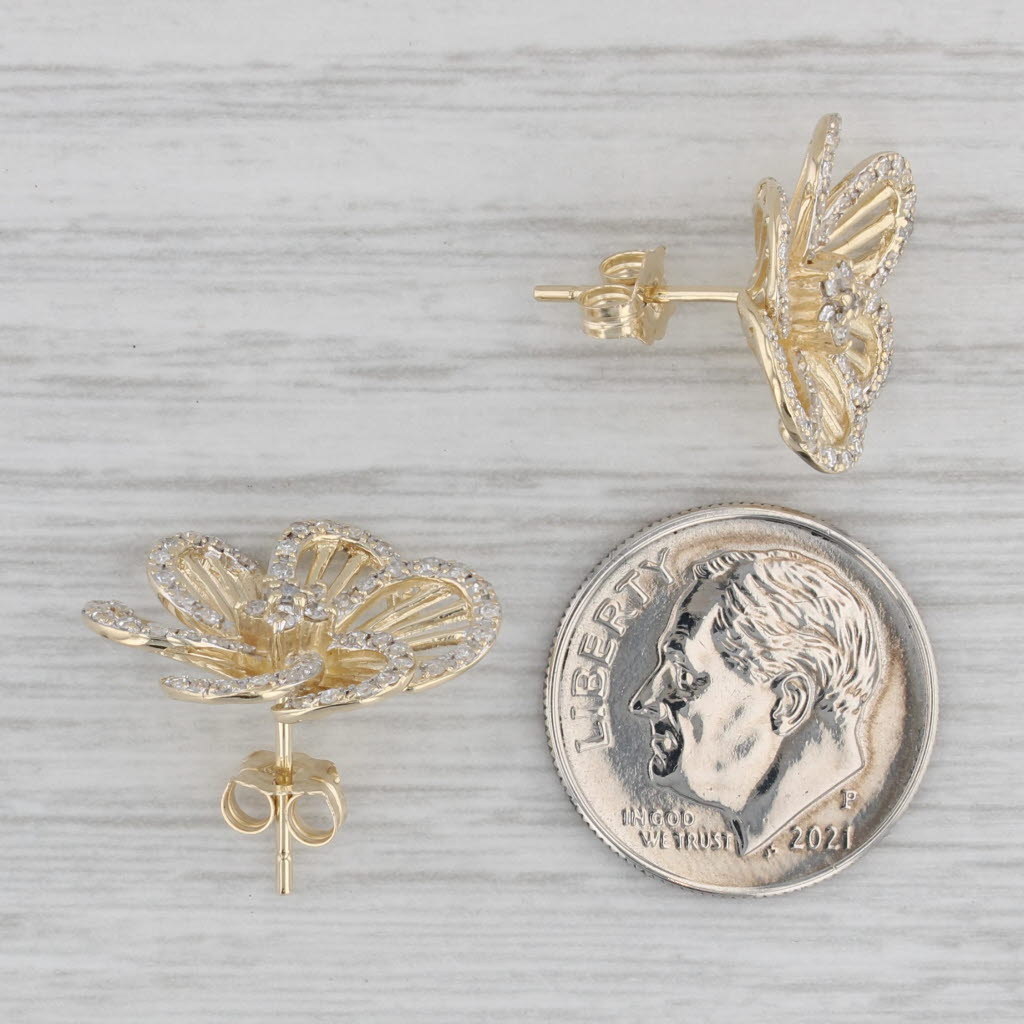 Gray 0.60ctw Diamond Flower Earrings 10k Yellow Gold Pierced Floral Studs