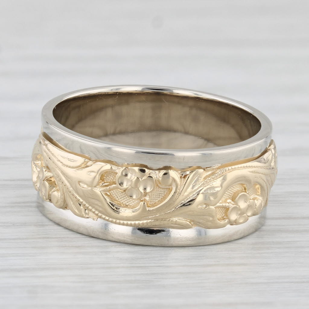 Light Gray Floral 2-Stone Ring 14k Yellow White Gold Size 6 Wide Band