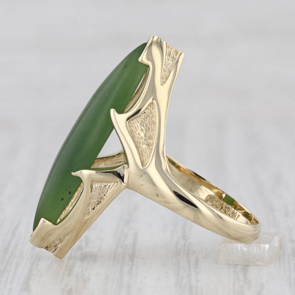 Vintage Green Nephrite Jade Navette Cabochon Ring 14k Yellow Gold Size 6.75