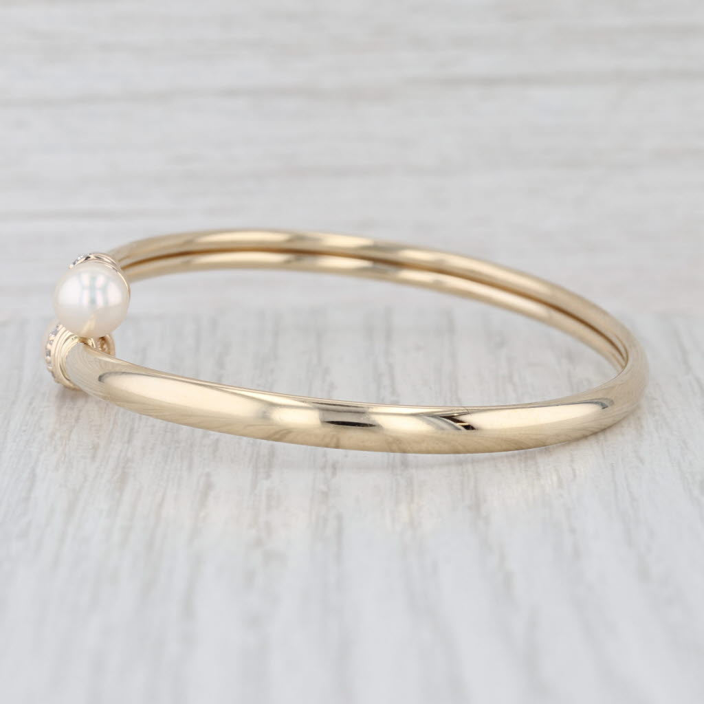Cultured Pearl Diamond Bypass Bangle Bracelet 14k Yellow Gold 6.5"