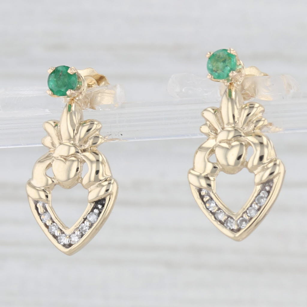 Light Gray 0.25ctw Emerald Diamond Heart Drop Earrings 10k Yellow Gold