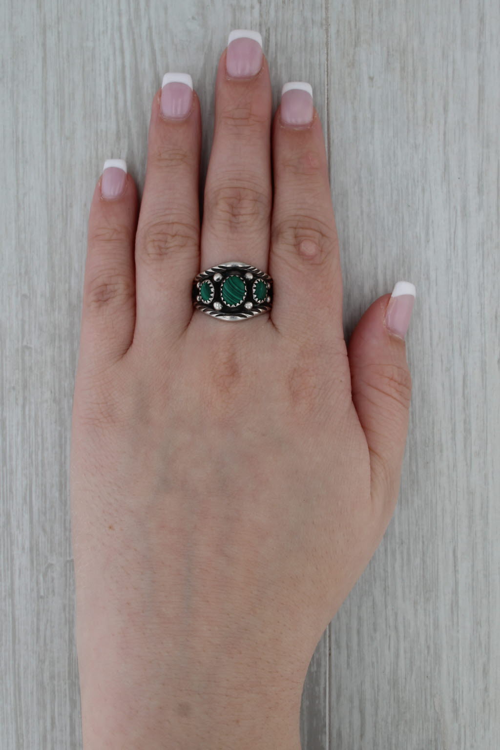 Vintage Green Malachite Ring Sterling Silver Size 10.25 Native American Signed