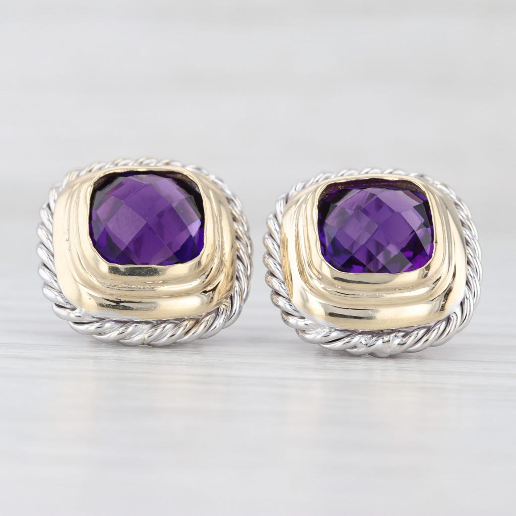 Light Gray 7.80ctw Amethyst Cushion Stud Earrings 14k Yellow White Gold Omega Backs