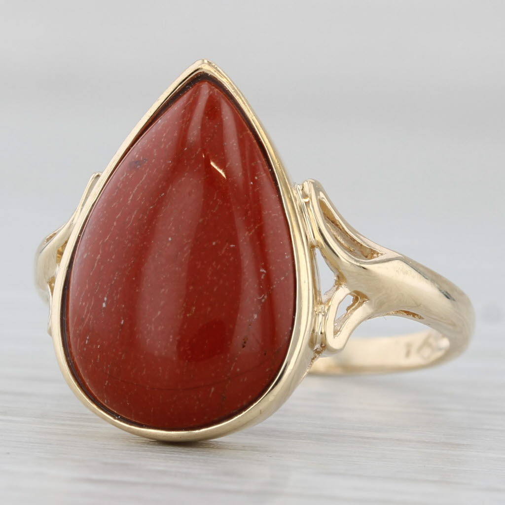 Light Gray Red Jasper Agate Ring 10k Yellow Gold Size 7 Pear Cabochon Solitaire