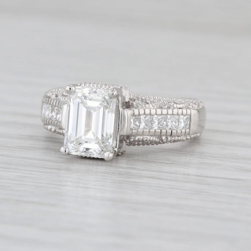 GIA 2.96ctw Emerald Diamond Ornate Diamond Engagement Ring Platinum Size 6.5