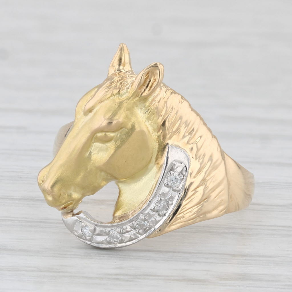 Light Gray Diamond Accented Horse Ring 18k Yellow Gold 900 Platinum Size 6.25