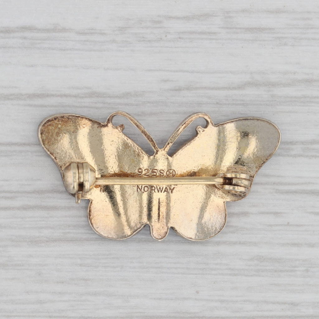 Gray Vintage Guilloche Enamel Butterfly Brooch Sterling Silver Gold Gilt Norway Pin