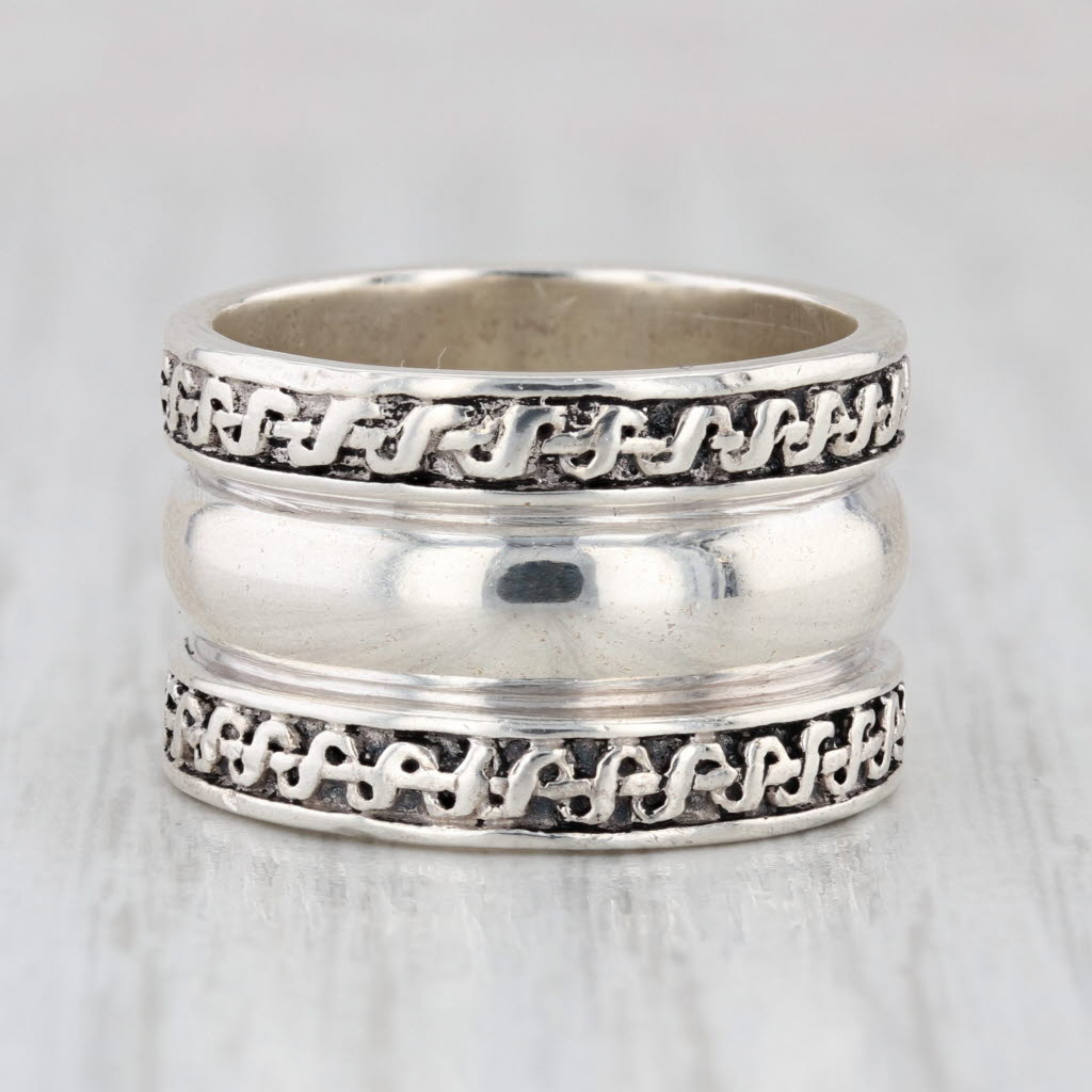 Wide Band Patterned Statement Ring Sterling Silver Size 6.75 12.7mm