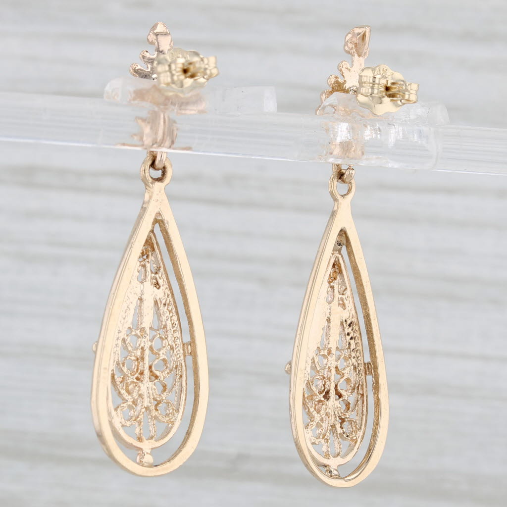 Light Gray Vintage Opal Filigree Teardrop Earrings 14k Yellow Gold