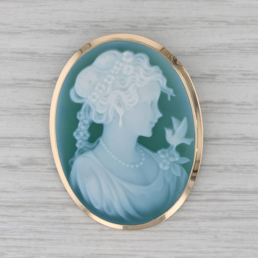 Gray Vintage Carved Glass Cameo Brooch Pendant Figural Bust Pin with Box Italy