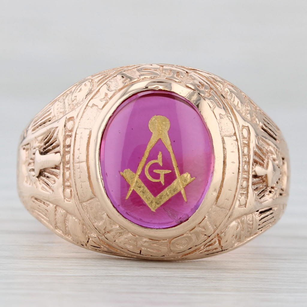 Light Gray Vintage Masonic Signet Ring 10k Gold Lab Created Ruby Square Compass Blue Lodge