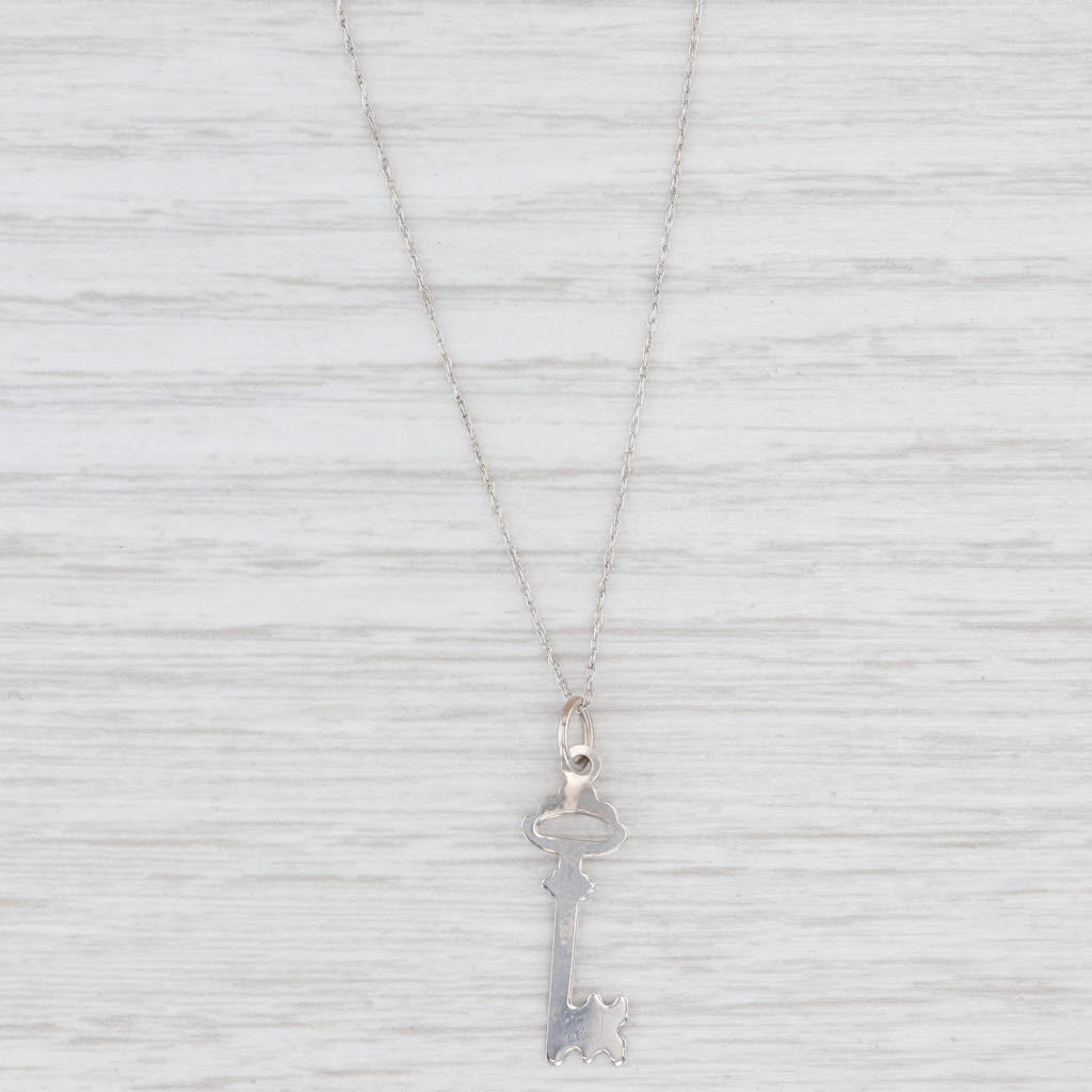 Light Gray Skeleton Key Pendant Necklace 14k White Gold 16" Fine Rope Chain