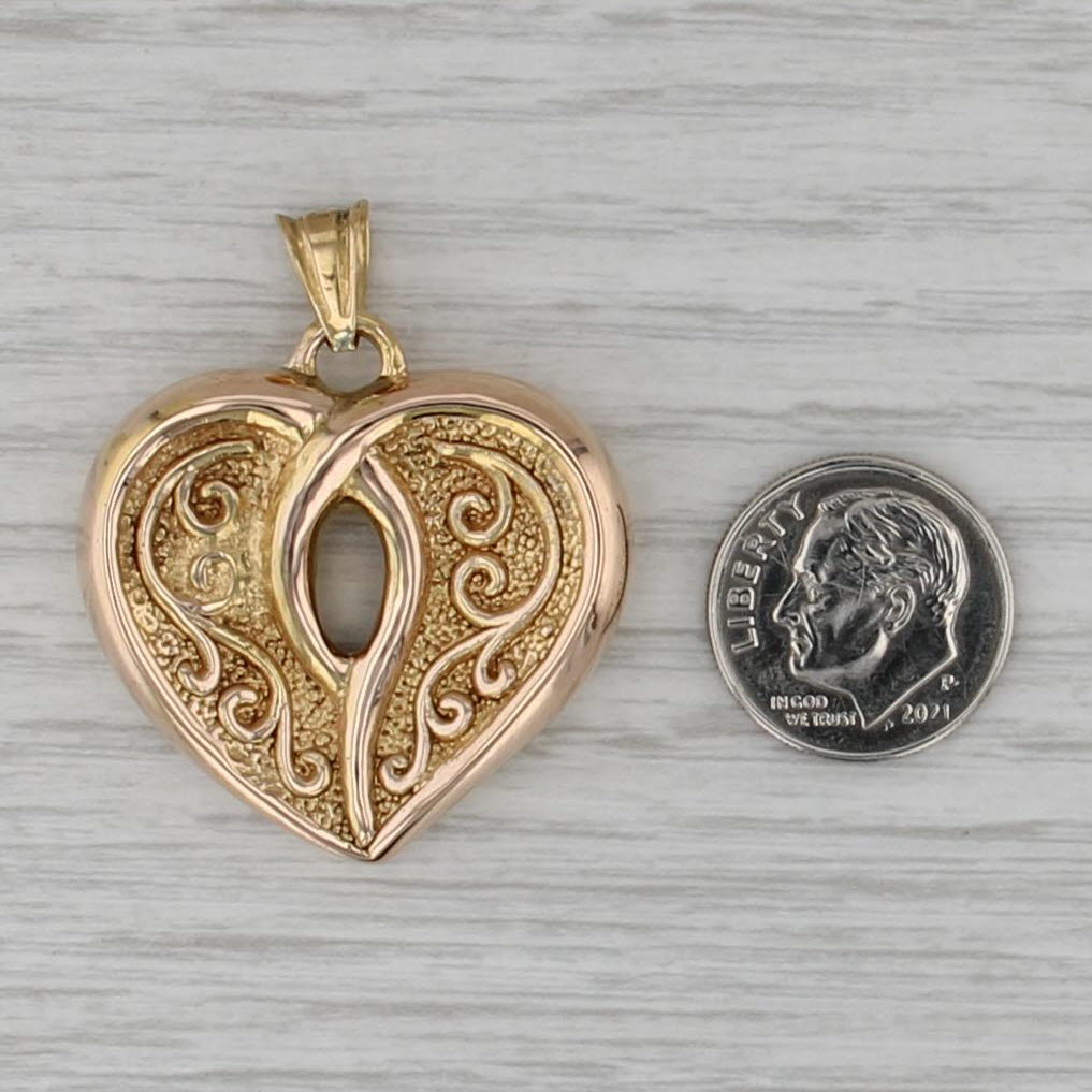 Ornate Hollow Heart Pendant 14k Yellow Gold Italian