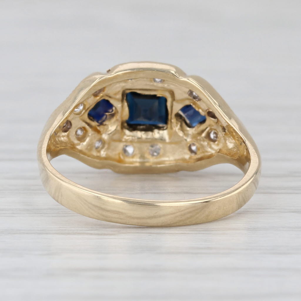 0.75ctw Blue 3-Stone Sapphire Diamond Halo Ring 10k Yellow Gold Size 6