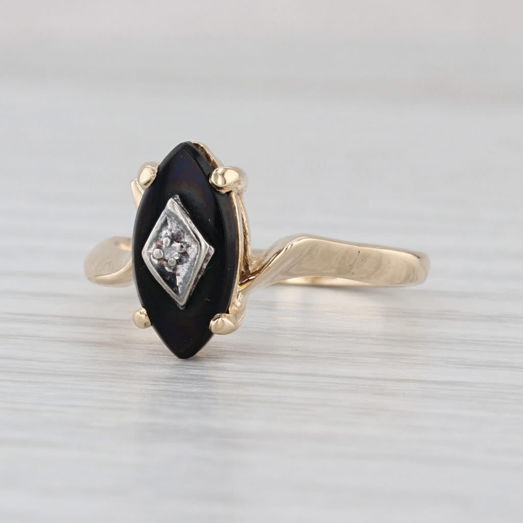 Navette Black Onyx Diamond Signet Ring 10k Yellow Gold Size 6.25