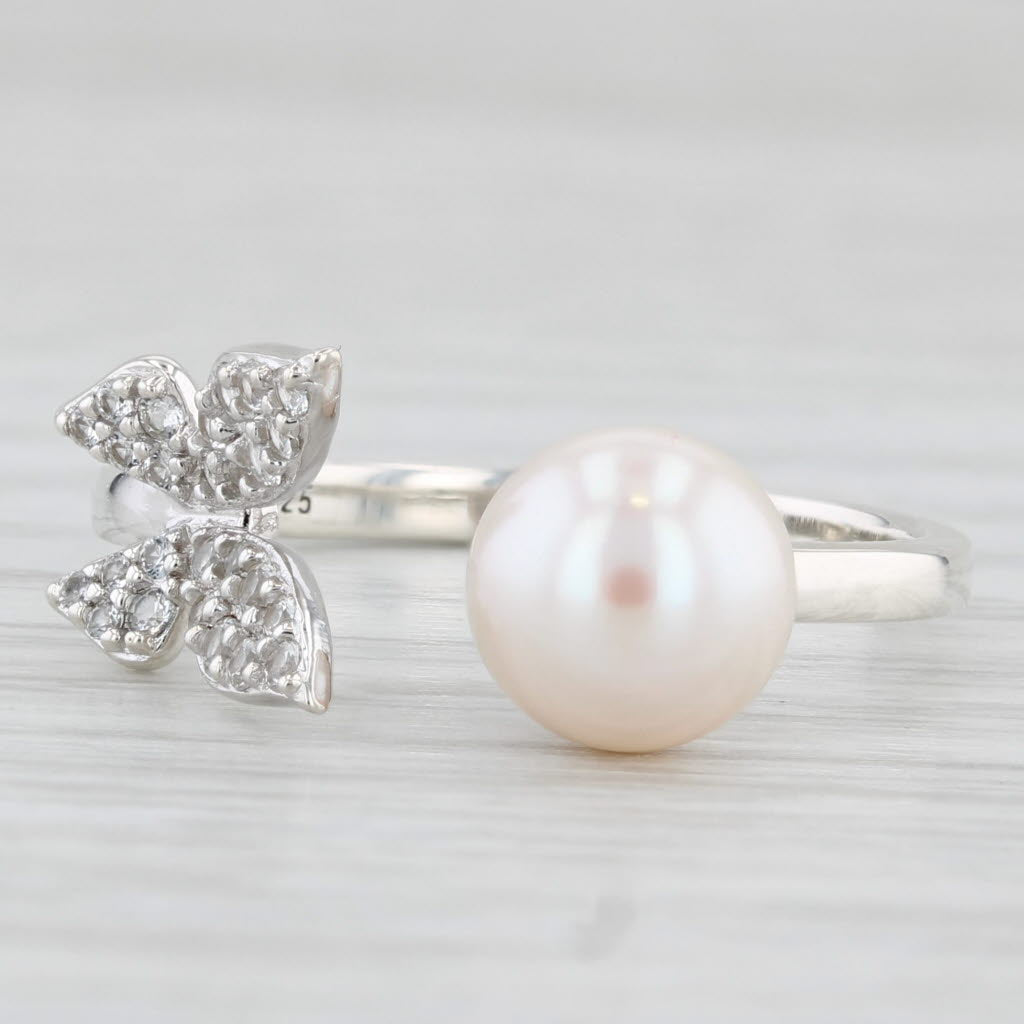 Light Gray Cultured Pearl White Topaz Flower Ring Sterling Silver Size 8 Adjustable