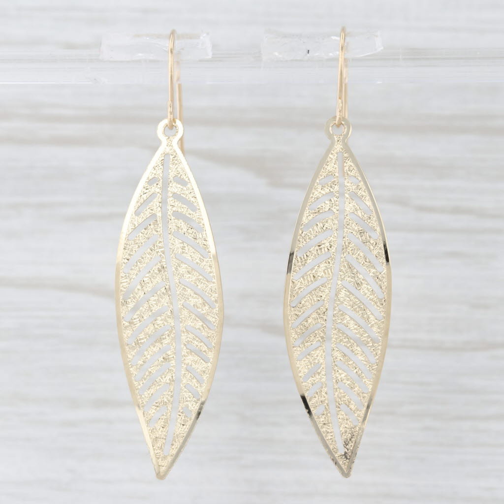 Light Gray Long Leaf Dangle Earrings 14K Yellow Gold Hook Posts
