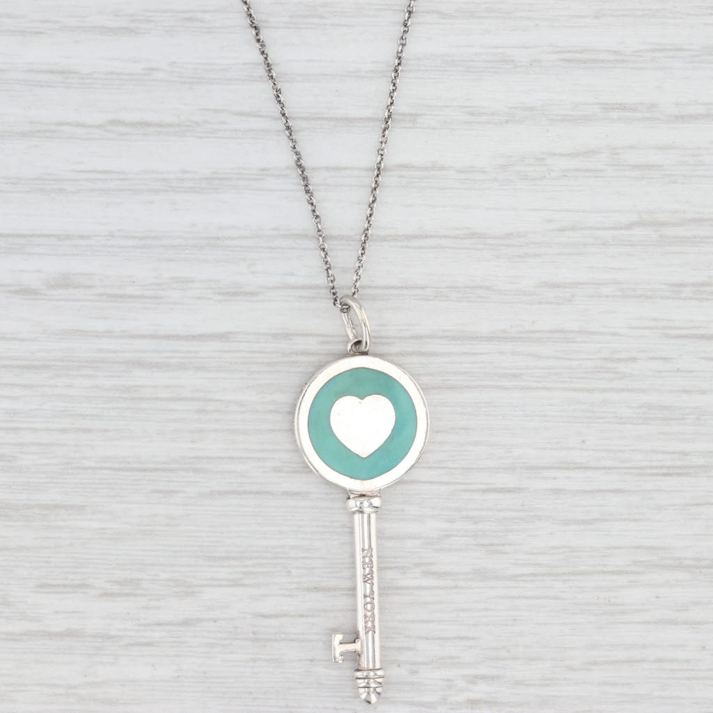 Light Gray Tiffany & Co Heart Skeleton Key Pendant Necklace Sterling Silver Blue Enamel 16"
