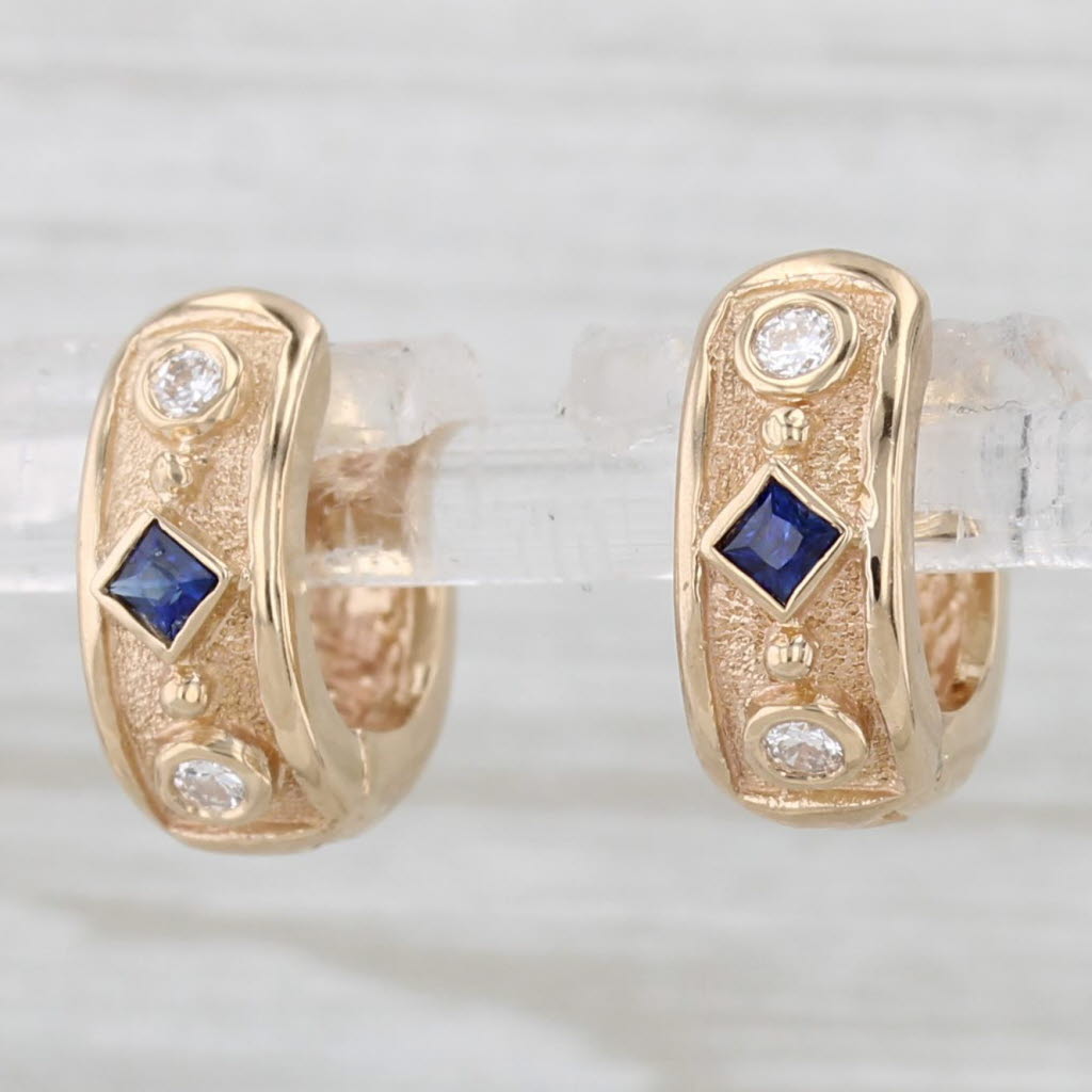 Light Gray 0.22ctw Blue Sapphire Diamond Hoop Huggie Earrings 14k Yellow Gold Round Hoops