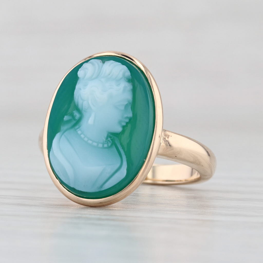 Vintage Church & Co Carved Glass Cameo Ring 14k Yellow Gold Size 6 Green White